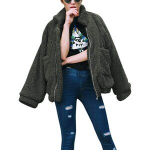 👑Women's Classic Green Casual Fleece Zipper Oversized Outwear Coat Warm Jacket